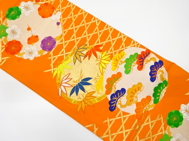 アンティーク　丸紋に松竹梅模様織り出し袋帯（材料）